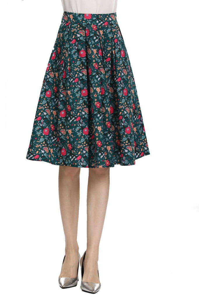 Beautiful Dark Green Box Pleated Vine Bright Red Flower Skirt with Pockets