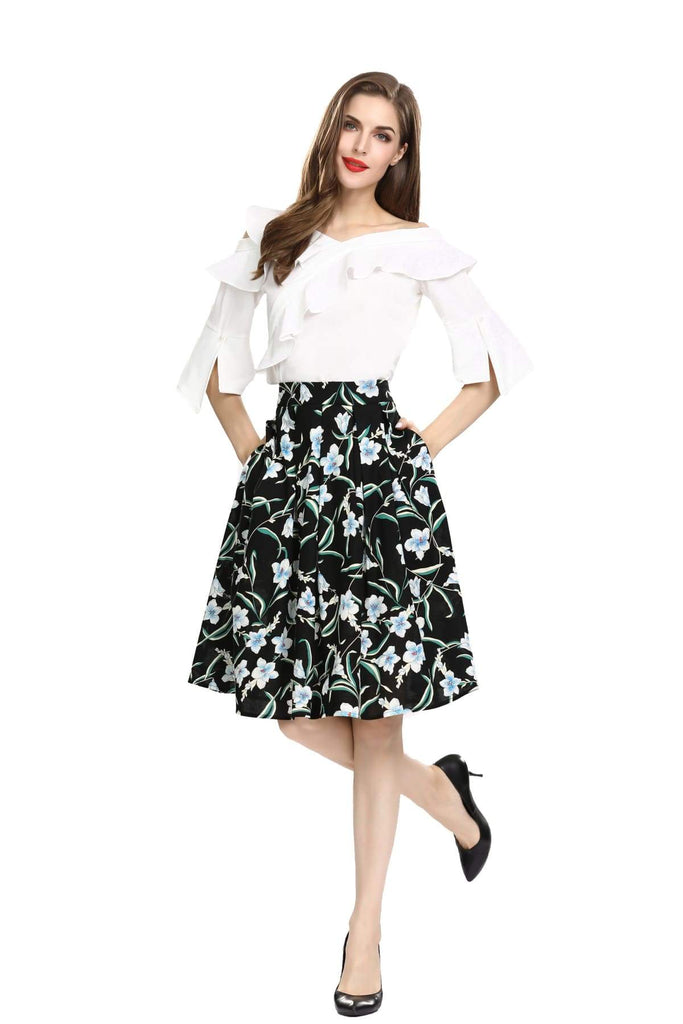 Black with Beautiful White and Blue Lily Box Pleated Skirt with Pockets