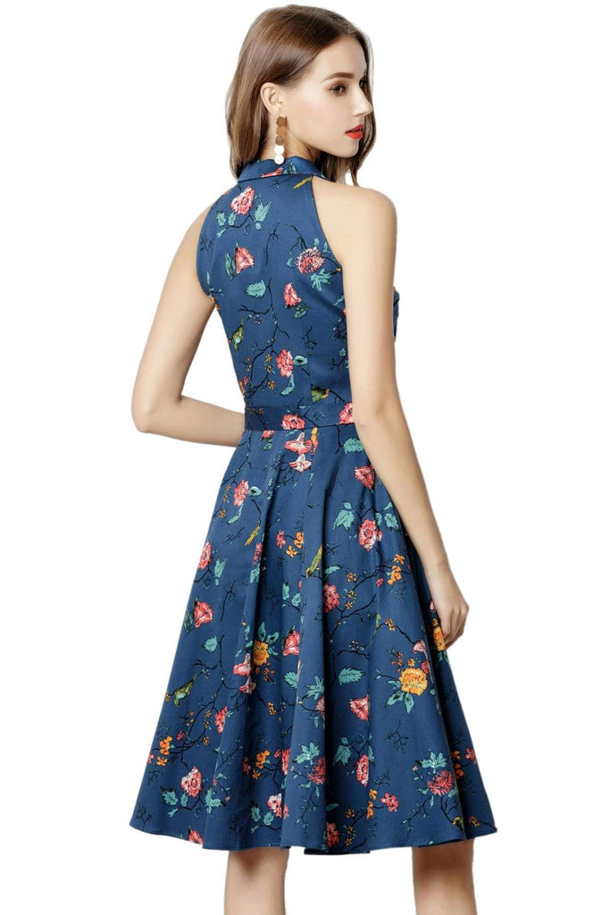 Navy Floral Halter Top Vintage Dress