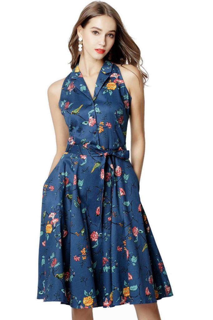 Navy Floral Halter Top Vintage Dress