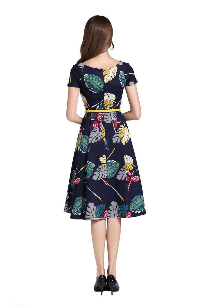 Navy Scoop Neck with Coloured Tropical Palm Leaf A Line Dress with Pockets