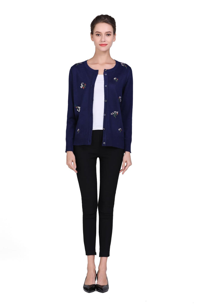 Wool Blend Bouquet Embroidered Navy Embellished Cardigan