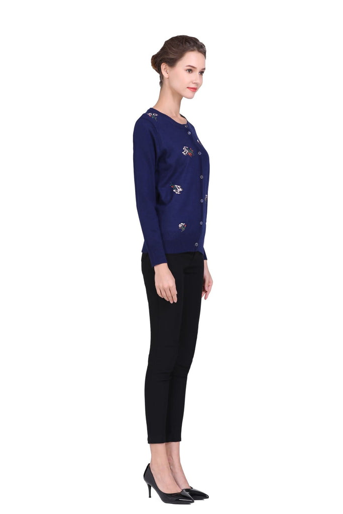 Wool Blend Bouquet Embroidered Navy Embellished Cardigan