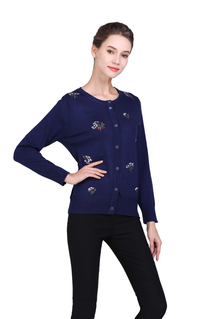 Wool Blend Bouquet Embroidered Navy Embellished Cardigan